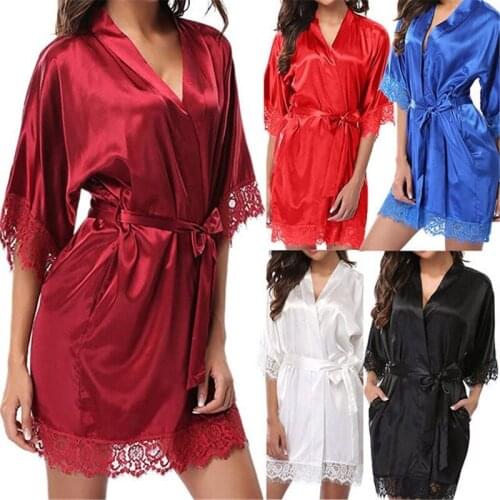New Hot Sexy Lingerie Plus Size Satin Lace Black Kimono Intimate Sleepwear Robe Sexy Night Gown Women Erotic Underwear 2020