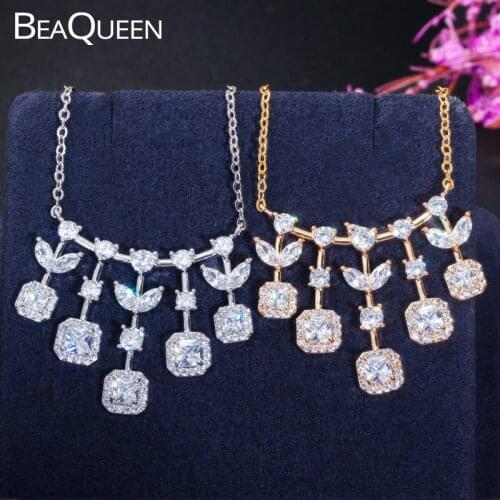 BeaQueen Trendy Big Leaf Square Drop Cubic Zirconia Crystal Charm Pendant Necklace 585 Gold Color Fashion Jewelry for Women N015