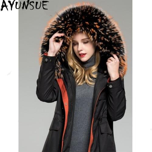 AYUNSUE Winter Jacket Women Parka Real Fur Coat Female Rabbit Fur Liner Warm Jacket Women Raccoon Fur Collar Long Coat MY4368