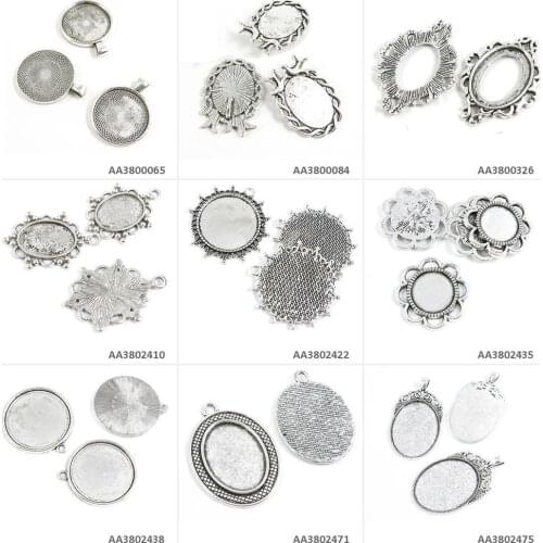 Antique Silver Tone Jewelry Charms Oval Cabochon Base Blank Round Setting Birds Pendant Necklace Craft Making Crafting Supplies