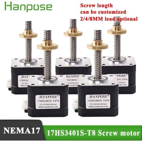 Free shipping 5PCS nema17 Screw stepper 17HS3401S-T8*4 1.3A 28N.cm Pitch motorwith anti-backlash brass nut Used for robots motor