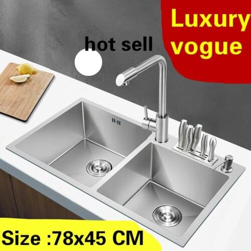 Free shipping Household kitchen manual sink double groove luxury multifunction 304 stainless steel hot sell 78x45 CM