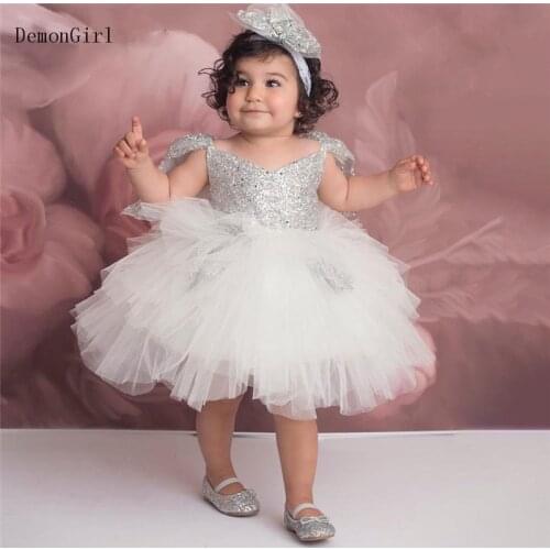 Glitter Kids Party Dress Puffy Little Princess Birthday Dress Cap Sleeve Baby Girl Dress 2021 New Year Ceremony