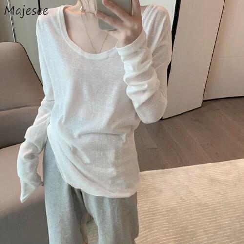 T-shirts Women White O-Neck Thin Summer Loose Long Sleeve Basic Sun-proof All-match Korean Style Soft Tess Female Tops Simple