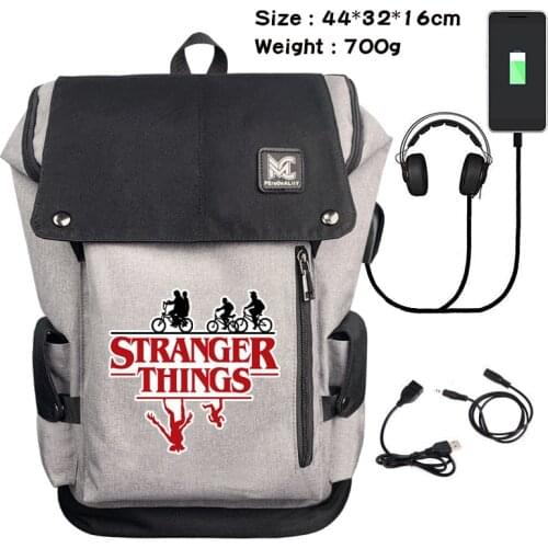 Backpack Stranger Things Dustin Canvas Headphone Travel USB Charging Laptop Bag Teenager Student Zip Cartoon Schoolbag Rucksack