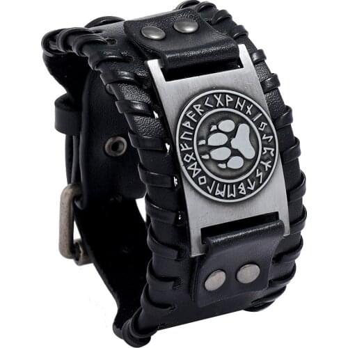 Jessingshow Nordic Viking Odin Bear Paw Men Bracelets Hand Woven Wide Leather Wristband Adjustable Bracelet Punk Jewelry