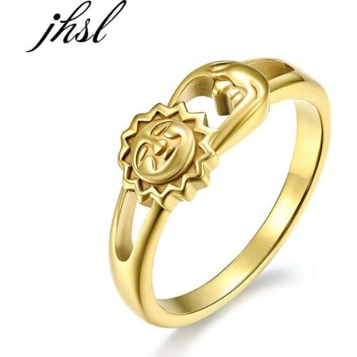 Unisex Men Women Rings Moon Sun Design Stainless Steel Rose Gold Silver Color Large US size 5 6 7 8 9 10 11 12