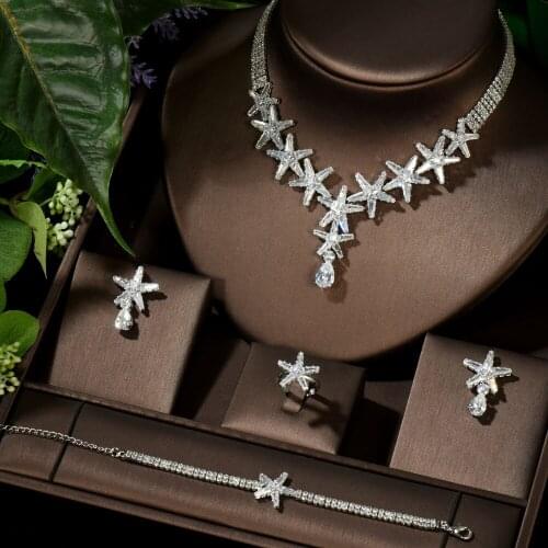 HIBRIDE Fashion Women Bridal Necklace Earring Set Star Shape Zirconia Wedding Accessories pendientes de fiesta N-1430