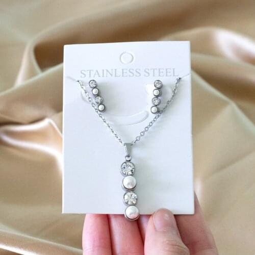 Silver Color Cubic Zirconia and Imitation Pendant Necklace and Earrings Set 316L Stainless Steel Jewelry Set for Women Gift