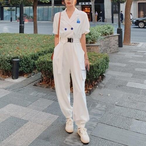 Summer Short Sleeve Belt Jumpsuit Casual Women Playsuits 2021 Notched Button Loose Overalls Romper Bodysuit