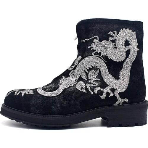 Embroidered Silver Dragon Ankle Boots Men Vintage Platform Zip Round Toe Cowboy Boots Casual Party Botas Winter Runway Shoes Men