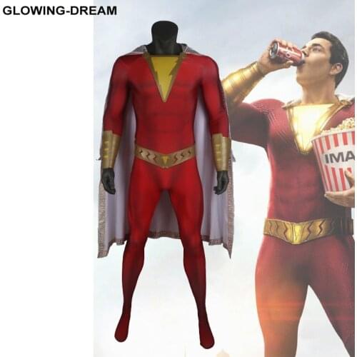 Glowing-Dream High Quality Shazam Cosplay Costume With Cape Muscle Shade Shazam Outfit For Man Rubber Accessory Shazam Suit
