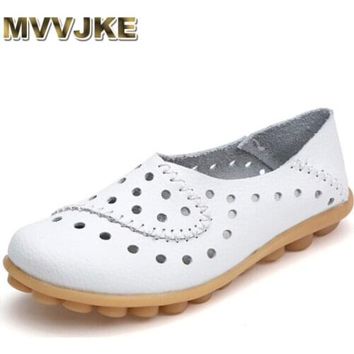 MVVJKE 2018 Summer Women Ballet Flats Genuine Leather Loafers Shoes Slip On Flat Hollow Rubber shoes ladies ballerina flats