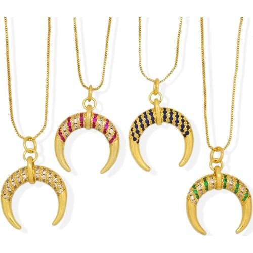 CZ Stone Crescent Horn Necklaces for Women Statement Jewelry Party Gifts New Style Crystal Moon Pendant Necklace Gold nks03