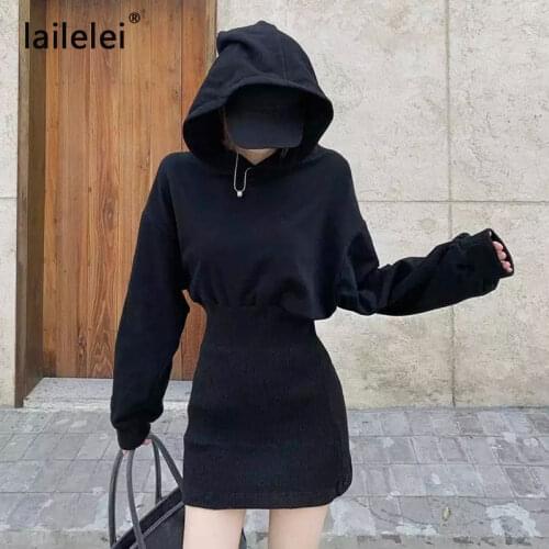 Hoodies Sweatshirt Knitted Dress Mini Black Long Sleeve Cotton Winter Vestido Corto Casual Korean Harajuku Fall 2020 Robe Femme