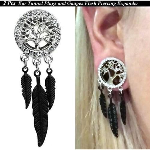 1Pair Tree Life Ear Tunnels Plugs Ear Gauges Hollow Steel Leaves Dangle Body Piercing Ear Expander Reamer Ear Stud 8mm-20mm