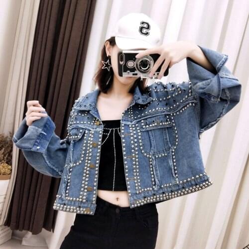 Hand Studded Rivet Denim Jacket Women Loose Short Jackets Ladies High Quality Jeans Jacket Basic Coats Streetwear