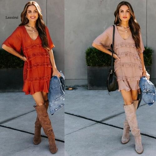 Cross-border Foreign Trade Womens clothing V-neck Pleated Lace Hem Lotus Leaf Wish Simple Short-sleeved Dress