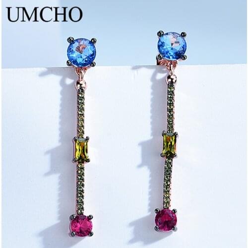 UMCHO New Style Cubic Zircon Long 925 Sterling Silver Drop Colorful Earrings for Women Elegant Wedding Party Fine Jewelry Gifts