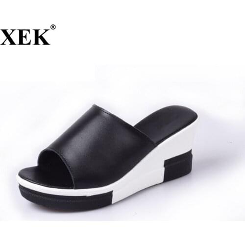 XEK 2018 Women Sandals Summer Leather Shoes Woman Flip Flops Wedges Fashion Platform Female Slides Ladies Shoes Peep Toe JH152