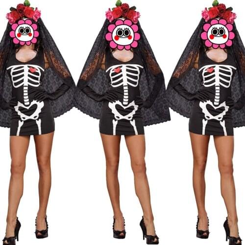 2016 sexy Zombie Wedding Skull Bride Costume Halloween for Women Vampire Black Skeleton Dress Ghost Bride cosplay clothing