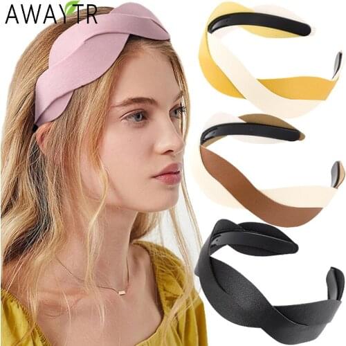 AWAYTR Women Headband Cross PU Leather Elastic Hairband Wide For Women Solid Twist Hair Hoop Bands Girls Bezel Hair Accessories