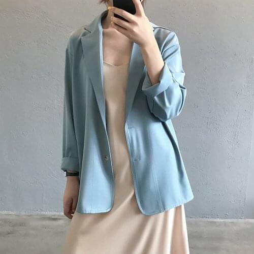 Chic 2021 New Long Sleeve Blazer Women Jackets Blue Casual Single-breasted Thin Suit Coats Solid Korean Loose Blazer Femlae