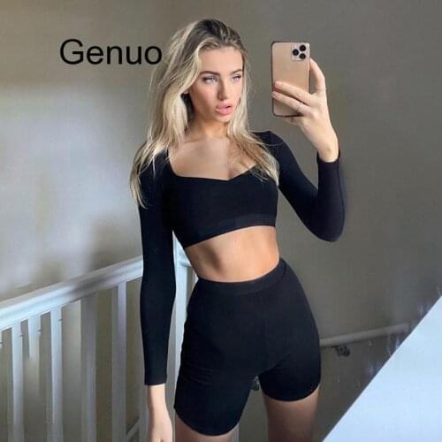 Two Pieces Casual Tracksuit Women Set Black Plus Size Long Sleeve Crop Top And Shorts Set Party Club Two Piece Outfits
