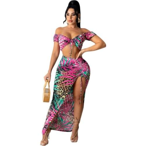 Womens Sexy Two Piece Bow Tie Tube Top and Printed Irregular Skirt Set