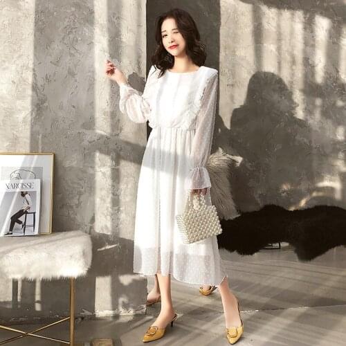 Ruffles Polka Dot Women Chiffon Dress Elastic Waist Flare Sleeve Female Long Vestidos A-line White Dress 2021