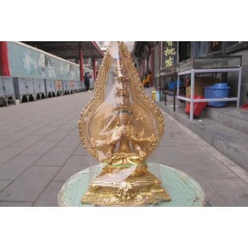 12"Tibet Folk Buddhism Bronze painted Gilt Eleven-faced Avalokitesvara Guan Yin