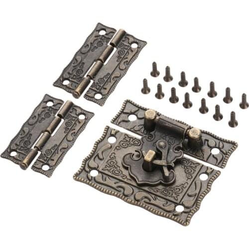 2Pcs 36*23mm Antique Bronze Cabinet Decorative Hinges+1Pc 51*43mm Jewelry Wooden Box Toggle Hasps Latch Clasp Furniture Hardware