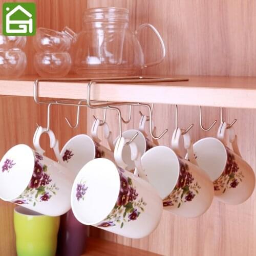 Stainless Steel Holder Hooks Cupboard Coffee Cup Hanging Draining Hanger Cabinet Shelf Double Row 10 Hooks for Storage Glass