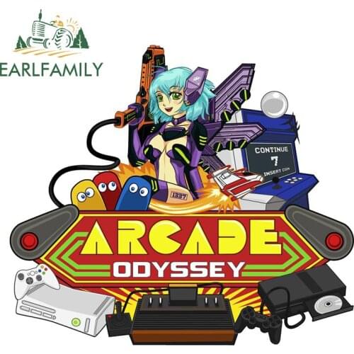 EARLFAMILY 13cm x 11.3cm for Arcade Logo Car Stickers Anime Girl Decals Trunk Skateboard Waterproof Occlusion Scratch Decor