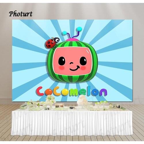 PHOTURT Cocomelon Party Backdrop Kids Birthday Supply Polyester Vinyl Blue Photography Banner Photo Background Decorate Props
