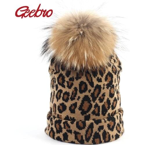 Geebro Womens Leopard Beanie Hat with Pompom Winter Warm Printing Slouchy Beanies with Raccoon Fur Pompom Femme Skullies&Beanie