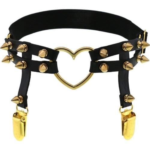 Goth Egirl Garter Belt Rivets Leg Ring Thigh Harness Gold Heart PU Leather Sexy Rock Pub Punk Suspenders Women Body Jewelry