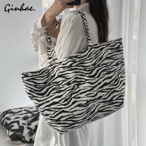 Canvas Shoulder Bag Women Zebra Pattern Tote Bags Vintage Design Handbags For Women Travel Large Capacity Bag Sac A Main Femme