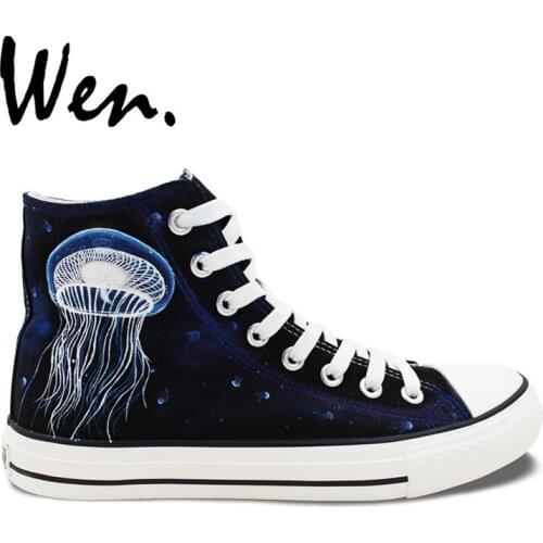 Wen Original Design Jellyfish Hand Painted Shoes Men Women Sneakers Sewing Canvas Black High Top Plimsolls Lace up Trainers