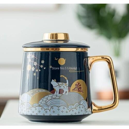Coffee Mug Ceramic Tea Cup Tea Separation Large-capacity Filter with Cover Guofeng Mug Home Couple Personal Office Cup Gift Box