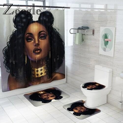 Portrait Printed Bath Mat and Shower Curtain Set Bathroom Carpet U-Shaped Toilet Rug Shower Room Absorbent Floor Carpet