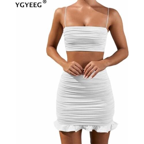 YGYEEG Summer Women Set Spaghetti Strap Crop Top White Mini Bodycon Skirt Ruffles Party Outfit Club Two Piece Ruched Clothes