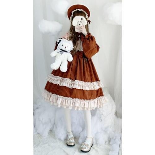 Sweet princess lolita dress retro falbala bowknot stand high waist stripe victorian dress kawaii girl gothic lolita op loli cos