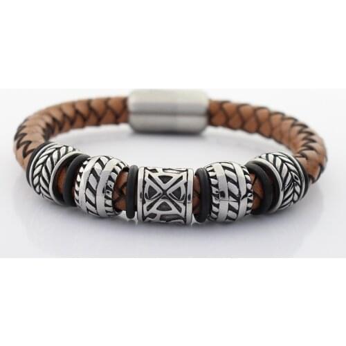 Men Wristband 8MM Genuine Braided Leather Bracelet Never Fade Stainless steel Charms Viking Bead Bracelets with Magnet Clasp