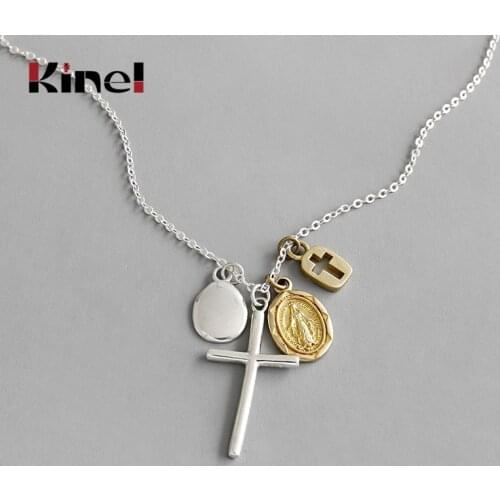 Kinel 925 Sterling Silver Cross Jesus Necklace Retro Geometric Round Portrait Coin Pendants for Women Clavicle Chain Necklace