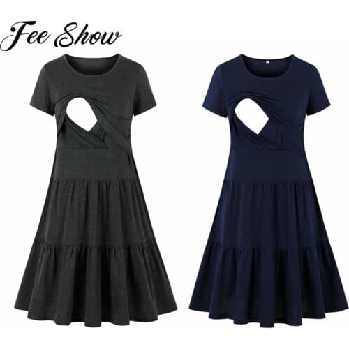 Maternity Dresses Nursing Nightgown Pleated Dress Pregnancy Short Sleeve Breastfeeding Clothes For Pregnant Women Sleepwear