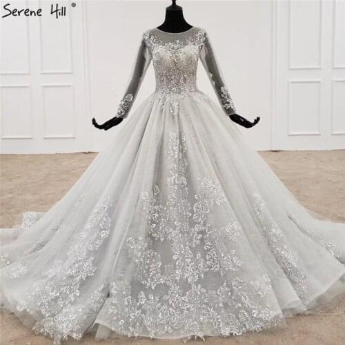Grey O-Neck High-end Sexy Wedding Dresses 2021 Long Sleeves Beading Sequins Lace Bridal Gowns HX0056 Custom Made