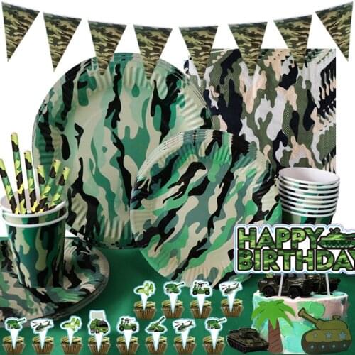 Military Camouflage Theme Birthday Party Decoration Military Officer Birthday Flag Pull Paper Tray Tissue Paper Cup Balloon