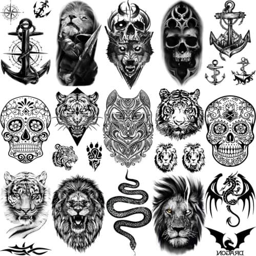 3D Wolf Tiger Lion Skull Temporary Tattoos For Women Adult Men Kids Dragon Snake Anchor Realistic Fake Tattoo Cute Small Tatoo