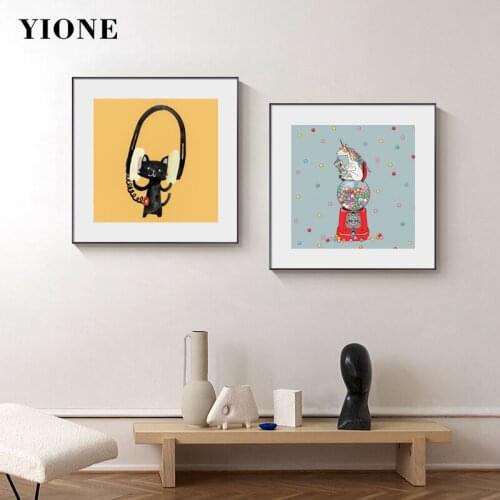 Funny Animals Canvas Paintings Headset Black Cat Horse Gashapon Game Console Wall Art Posters Prints Pictures for Kids Room